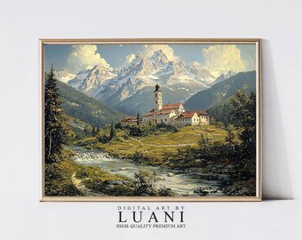 山村の絵画：ヨーロッパの風景画アートプリント（デジタルダウンロード