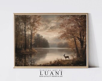 May include: A digital painting of a forest scene with a lake in the foreground. The trees are brown and orange, and the lake is a calm blue. A deer stands in the water on the right side of the image. The painting is titled "Digital Art by Luani, High-Quality Premium Art".