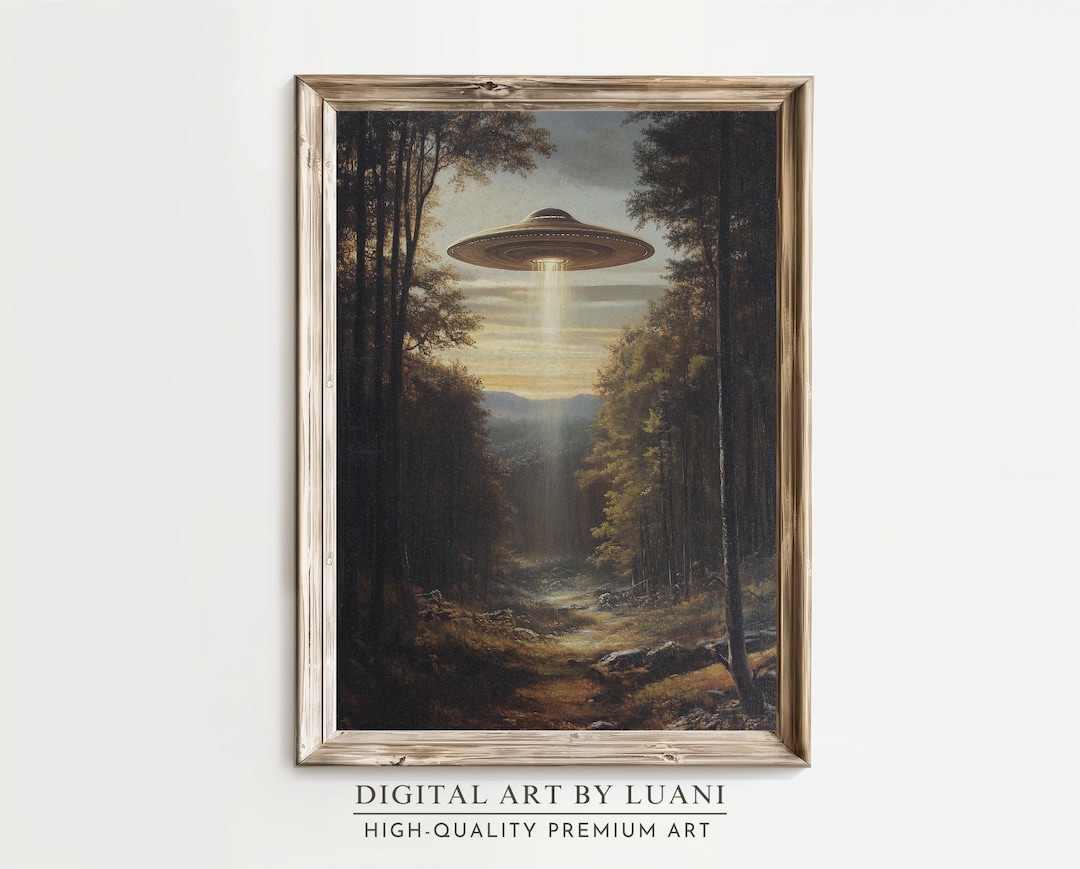 UFO Art Print: Retro Sci-fi Flying Saucer in Forest (digital Download ...
