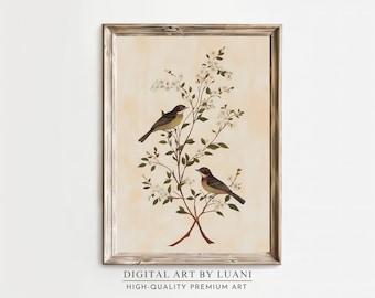 Lámina artística de pájaro vintage: Ilustración botánica, decoración inspirada en la naturaleza (Descarga digital)