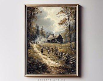 Impression d'art cabane rustique bois d'automne : paysage de campagne (téléchargement numérique)