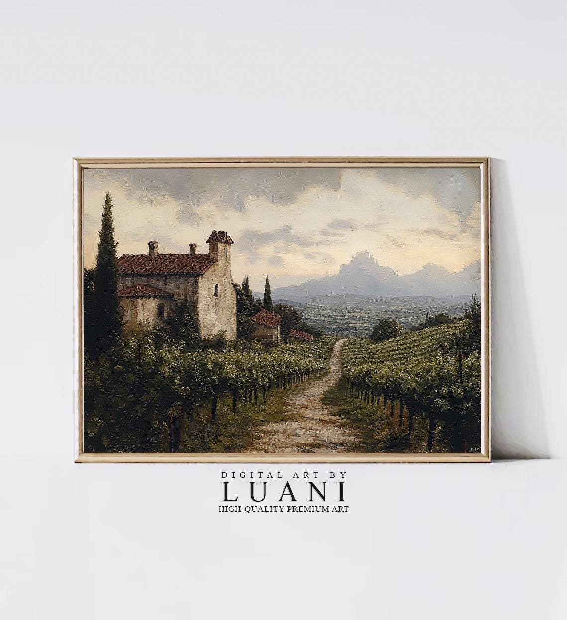 トスカーナのブドウ園の絵画：イタリアの農家の風景画（デジタルアート
