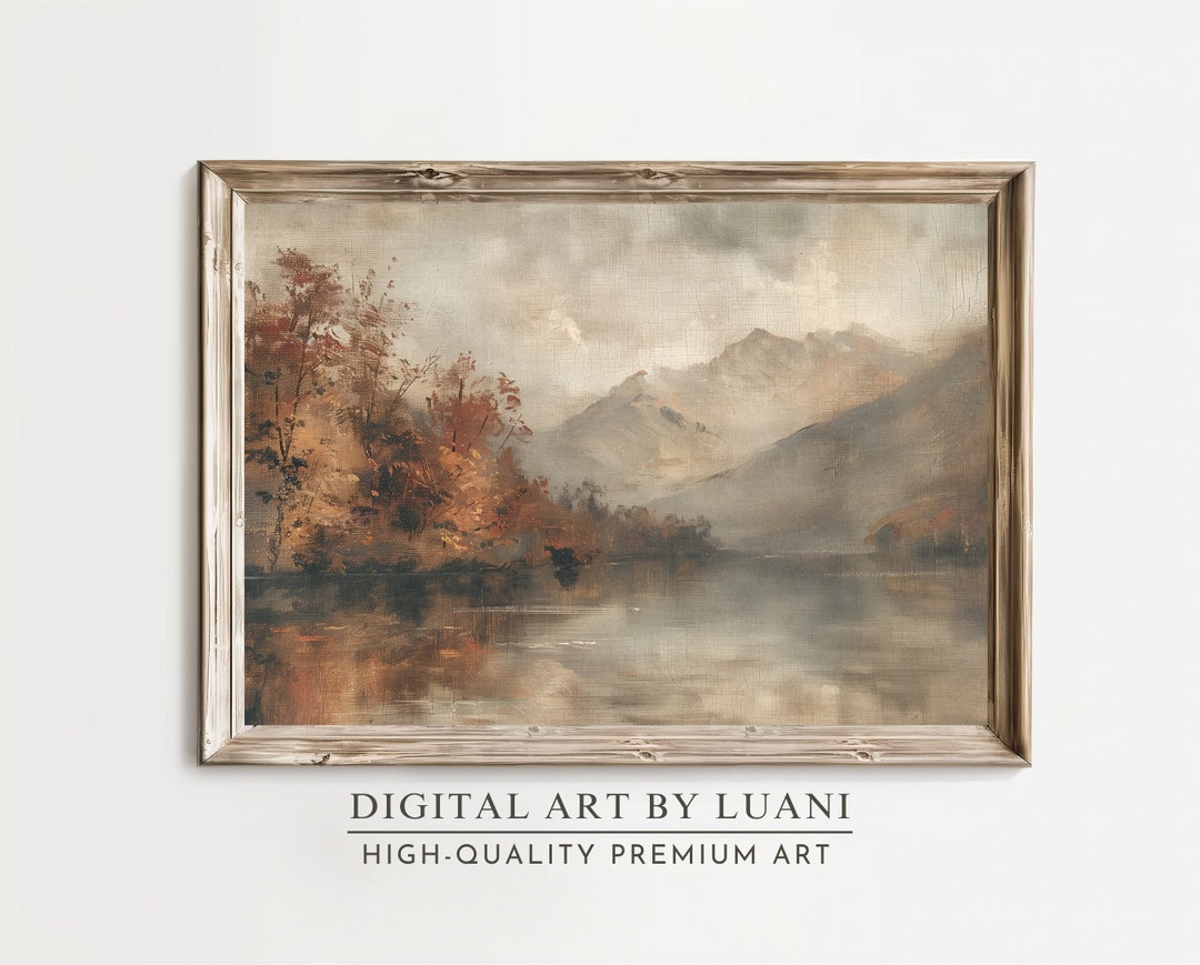Vintage Fall Lake Landscape Art Print: Rustic Autumn Oil Painting ...