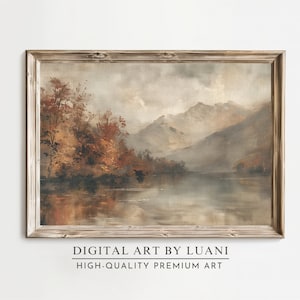 Puede incluir: Una pintura digital de una escena de lago de montaña brumoso con árboles en primer plano y montañas en el fondo. Los colores son apagados y terrosos, con tonos de marrón, gris y azul.