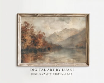 Vintage Fall Lake Landscape Art Print: Rustic Autumn Oil Painting (Digital Download)