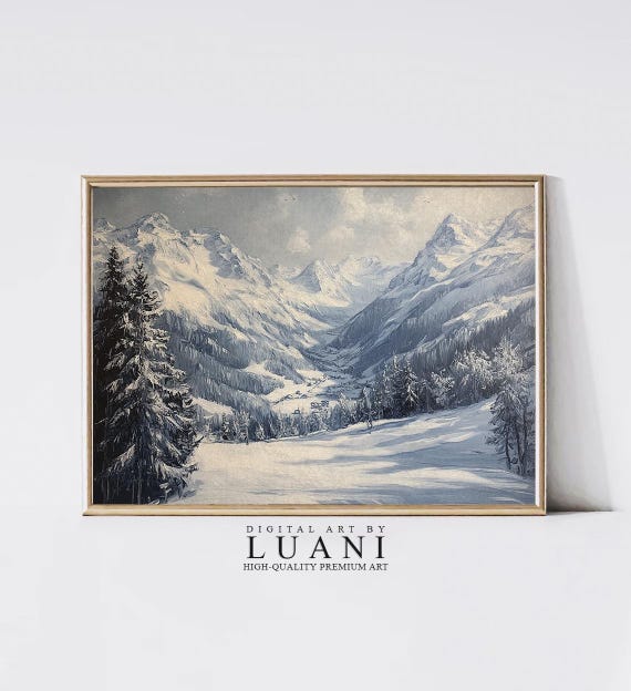 Winter Mountain Village Landscape Large Original Oil Painting