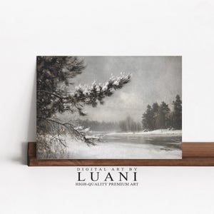 Winter Landscape Painting Snowy Pine Tree Art Print Frozen Lake Scene Nature Wall Art PRINTABLE Digital Download DigitalArtByLuani