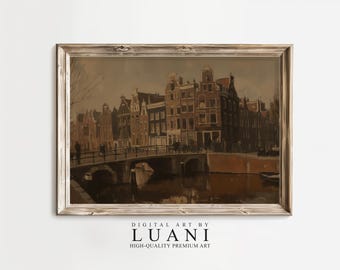 Vintage Amsterdam-kanalkonsttryck: Holländsk stadsbild (digital nedladdning)