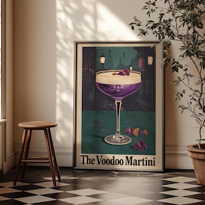 New Orleans Voodoo Martini Art Print |  Speakeasy Cocktail Poster | Retro Purple & Teal Vintage Illustration | Signature Drink Wall Art