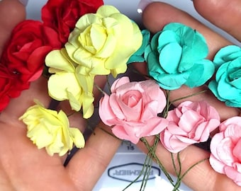 12 Mini Roses Mulberry Paper, Rose Flower Embellishments, Wedding Accessories, Mini Flowers, Greeting Cards, Scrapbook, Gifts, Crafts, DIY,