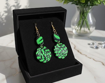 Green & Black Polymer Clay Dangle Earrings, Botanical Jewelry
