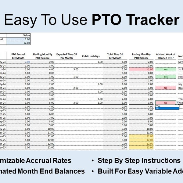 Excel PTO / Vacation Tracker | Paid Time off Planner | Vacation Planner