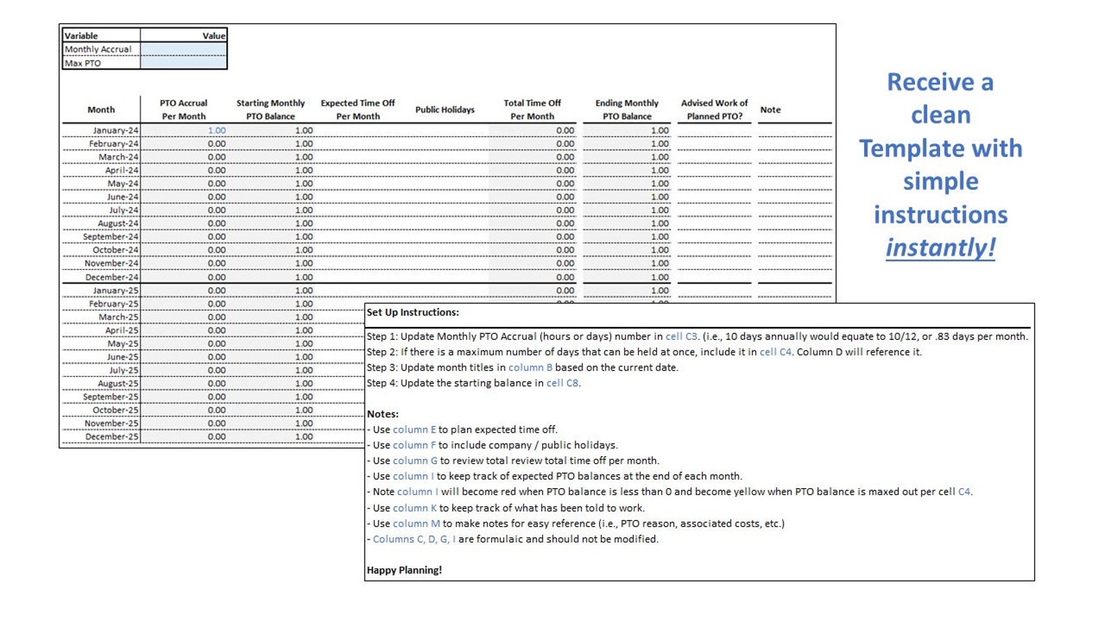 Excel PTO / Vacation Tracker | Paid Time off Planner | Vacation Planner ...