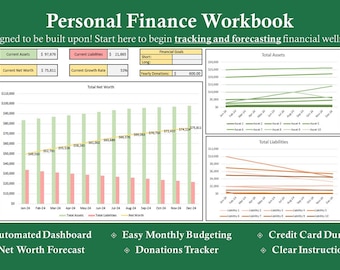 Plantilla de finanzas personales / Seguimiento de presupuesto mensual / Pronóstico de patrimonio neto / Seguimiento de gastos mensuales / Libro de trabajo mensual completo