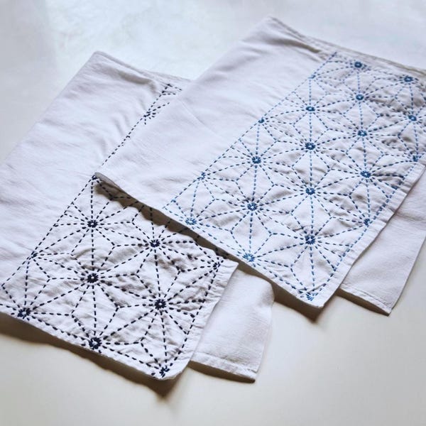 Set of 2 Sashiko Asanoha Tea Towels, Ayacolour Hemp Leaf Pattern Hanafukin Cloths, Japanese Dish Towels