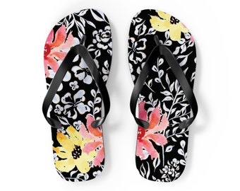 Sandales plates noires florales néon, tongs de vacances de plage de fleurs surdimensionnées aquarelle lumineuses, chaussures de mariage d'été de slipon de fleurs sauvages