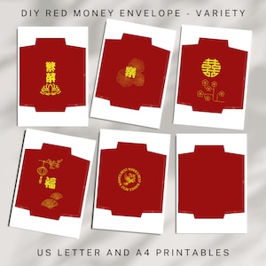 Hongbao (红包) Conjunto de envelopes para impressão instantânea faça você mesmo, envelopes vermelhos simples para dinheiro, tamanho A4 e carta dos EUA
