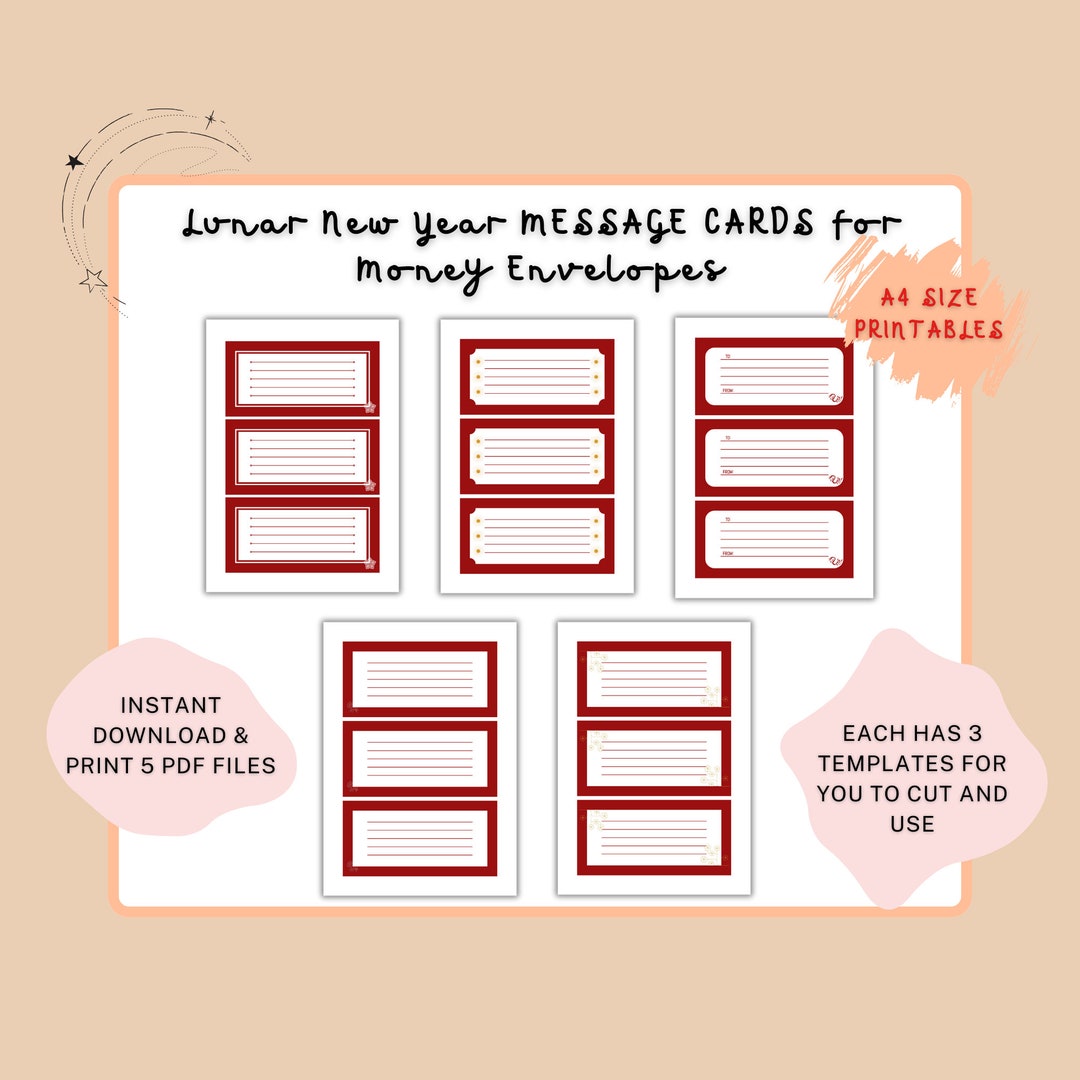 Lunar New Year Printable Message Cards for Money Envelopes, 5 Printable ...