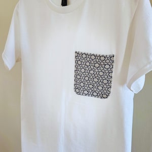 Sashiko Star Chest Pocket Tee, Ayacolour Embroidered Galaxy Unisex T-Shirt White S