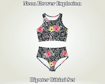 Neon Floral Black Scoopneck Longline Bikini Set, Bright watercolor over-sized flower two piece floral beachwear, Cottagecore vacation top