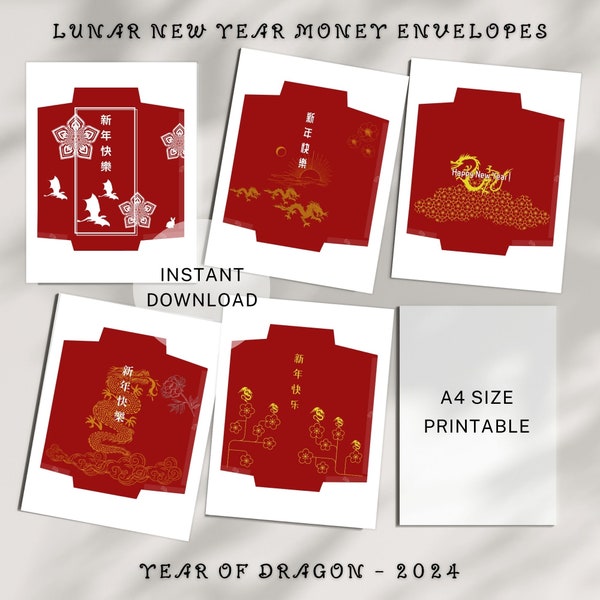 Lunar New Year Money Envelope, Year of the Dragon Red Envelopes, Chinese New Year Envelope,  Lucky Envelope Set of 5 Printable Styles (A4)
