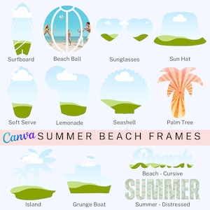 May include: A set of 10 summer beach themed photo frames. The frames are in the shape of a surfboard, beach ball, sunglasses, sun hat, soft serve ice cream cone, lemonade glass, seashell, palm tree, island, and a grunge boat. The frames are all in a light blue and green color scheme with a white background.