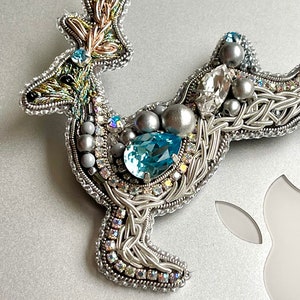 Brooch silver deer embroidery with beads and thread | Deer pin| Handcrafted silver brooch | Threaded deer brooch | Artistic deer brooch