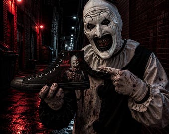 Zapatillas altas Terrifier, zapatos de fanático de películas de terror, arte de películas de terror, el payaso