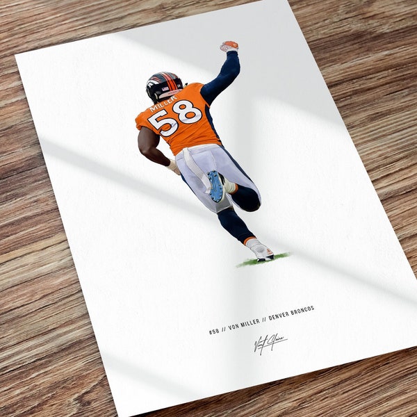 Von Miller Denver Broncos Football Illustrated Art Print Poster, Von Miller Poster, Gifts for Broncos fans