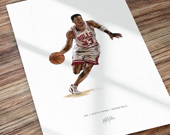 Scottie Pippen Chicago Bulls Basketball Art Illustrated Print Poster, Scottie Pippen Poster, Chicago Bulls Wall Decor