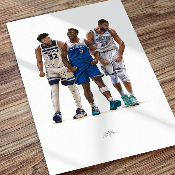 Minnesota Timberwolves Poster Basketball, KAT, Anthony Edwards, Rudy Gobert Illustrated Art Print