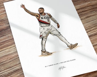 Damian Lillard Portland Trail Blazers Basketball Art Illustrated Print Poster, Damian Lillard Dame Time Poster, Gift For Trail Blazers Fans