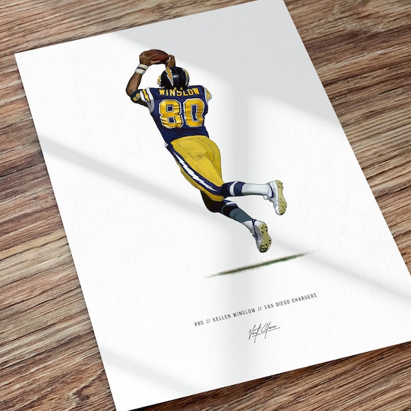 Kellen Winslow San Diego Chargers Football Illustrated Art Poster Print, Kellen Winslow poster, Gifts for San Diego Chargers fans