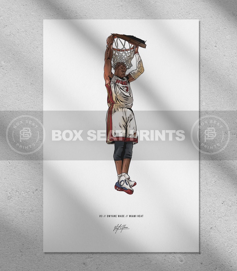Dwyane Wade Miami Heat Basketball Art Illustrated Print Poster, Dwyane