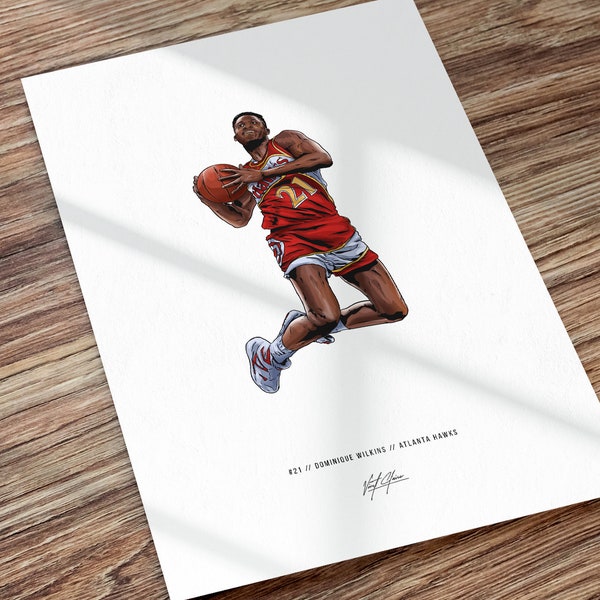 Dominique Wilkins Atlanta Hawks Basketball Drawing Art Poster Print, Dominique Wilkins Poster, Gift for Atlanta Hawks Fans