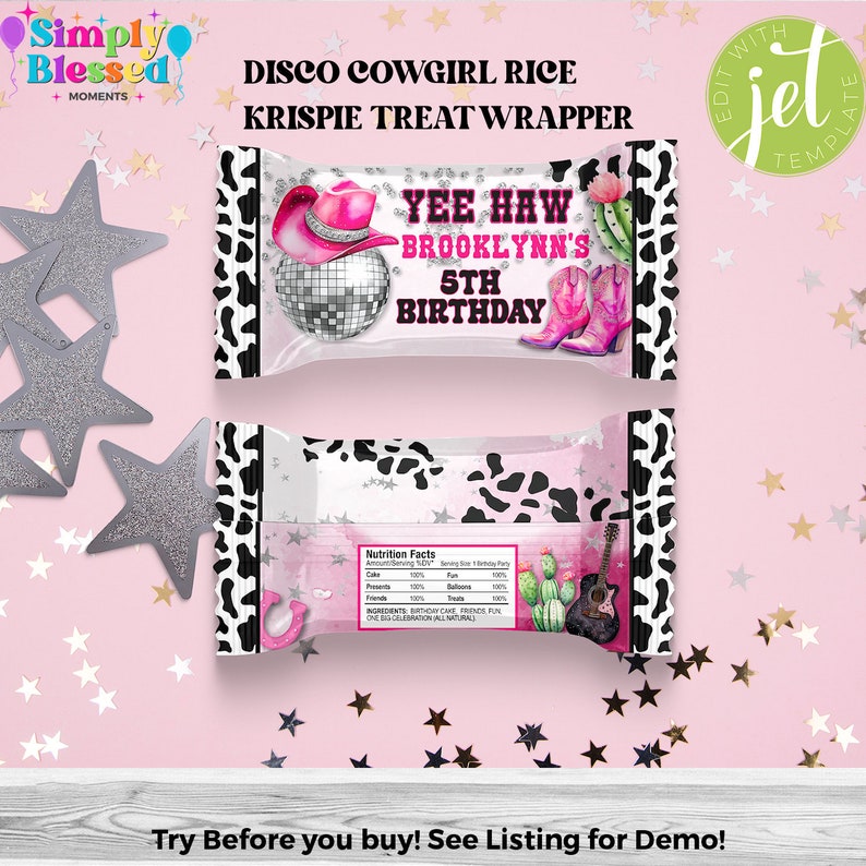 Op de afbeelding: Een roze en zwart koe-printontwerp voor een traktatieverpakking. De verpakking heeft de tekst "Disco Cowgirl Rice Krispie Treat Wrapper" en "Yee Haw Brooklynn's 5th Birthday".