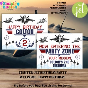 Fighter Jet Birthday Party Welcome and Happy Birthday Sign Set Printable Personalized  Instant Download