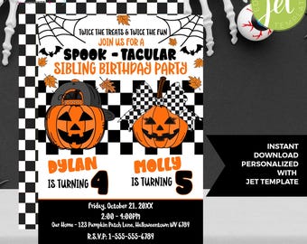 Jack O Lantern Sibling Birthday Party Invitation Halloween Birthday Fall Birthday Joint Party Instant Download
