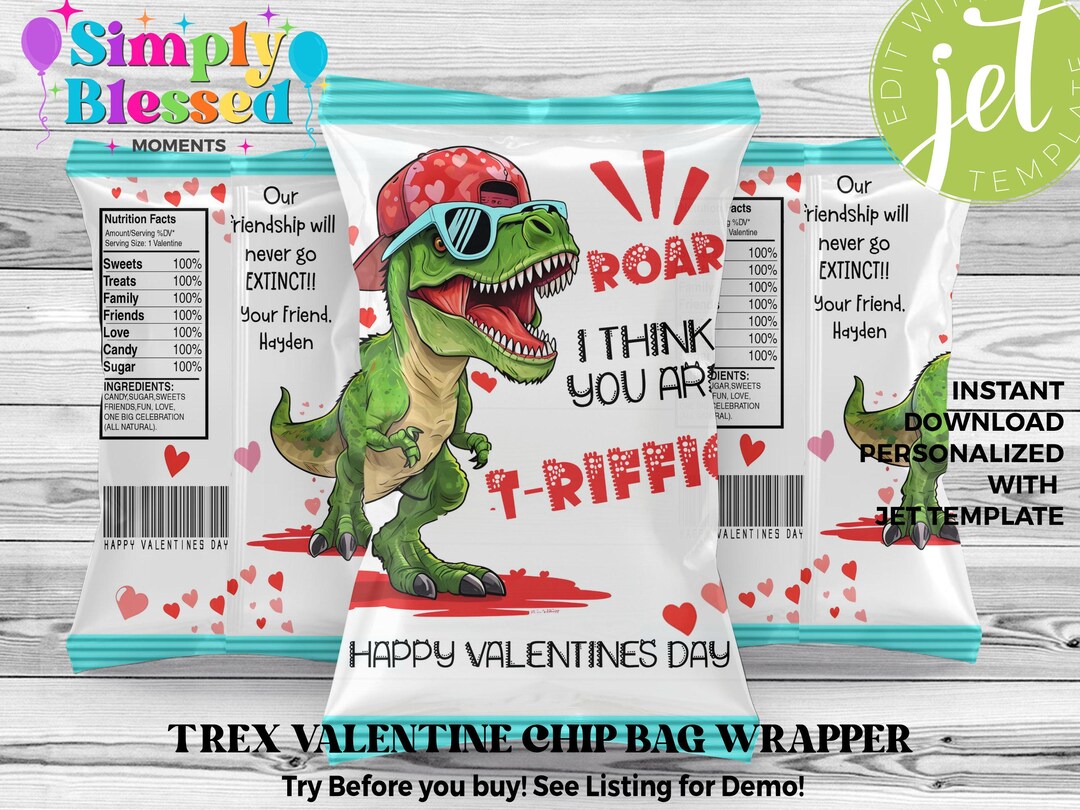 T Rex Dinosaur Valentines Day Chip Bag Wrapper Printable Editable ...
