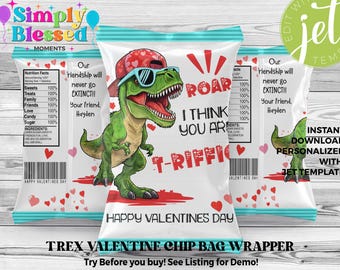 T Rex Dinosaur Valentines Day Chip Bag Wrapper Printable Editable Instant Download