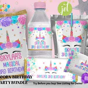 Magical Unicorn Birthday Party Bundle Chip Bag Water Bottle label Juice Pouch Chocolate Bar Wrap Printable Editable Instant Download