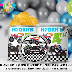 May include: Two chip cans with monster truck designs, labeled "Ryder's 4th Birthday." The cans feature red, green, and blue monster trucks, with the text "Thank you for coming" on a circular sticker. The cans are filled with chips.