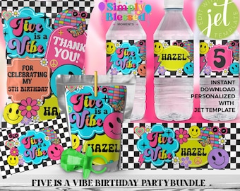 FIVE is a VIBE 5th Birthday Smiley Groovy Checks Party Bundle Printable Editable Instant Download