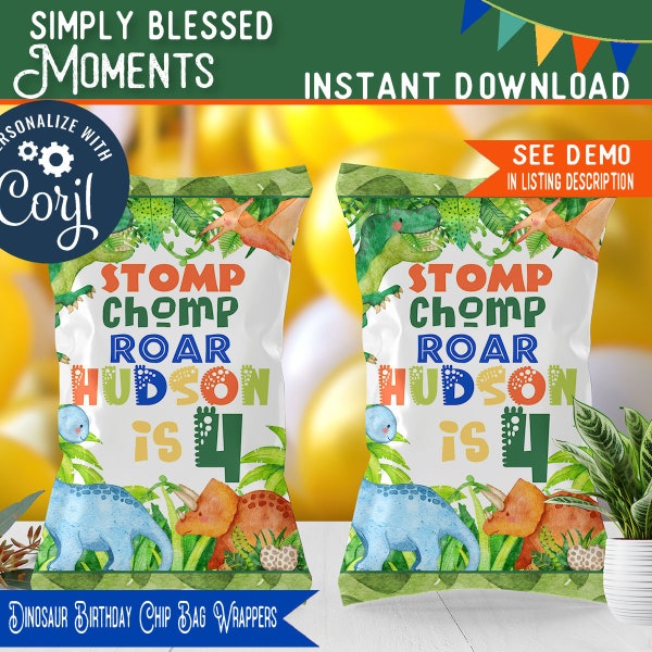 Dinosaur Birthday Party Personalized Chip Bag Editable Printable