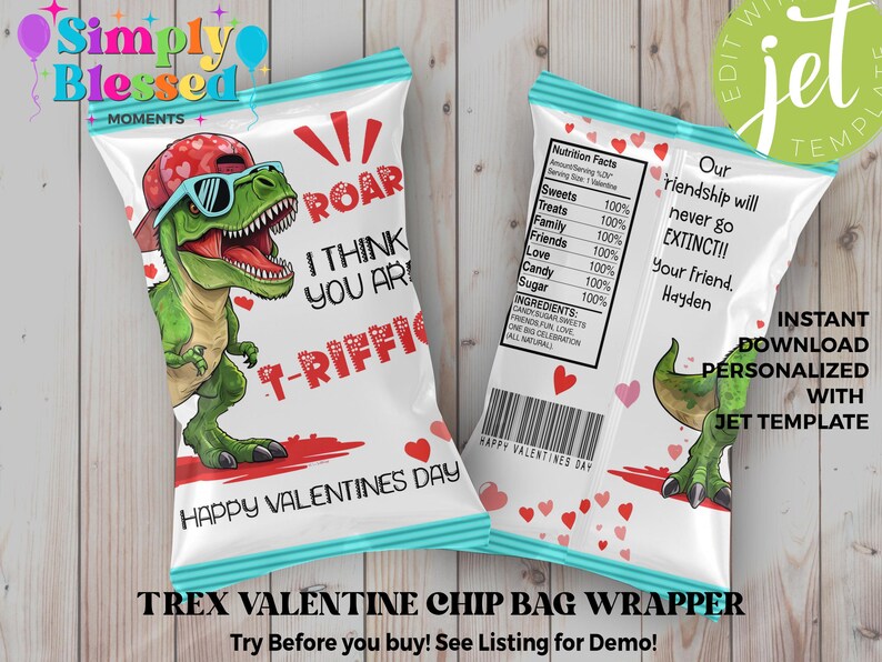 T Rex Dinosaur Valentines Day Chip Bag Wrapper Printable Editable ...