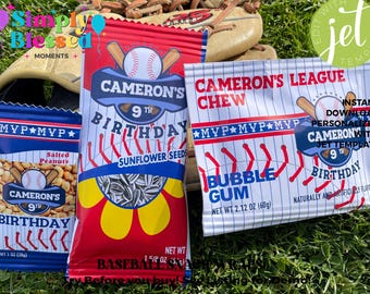 Baseball Birthday Party Bundle set Peanuts, Sunflower Seeds and Baseball Gum Instant Download Editable Printable