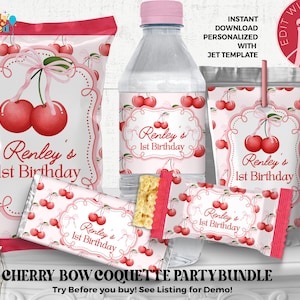 Cherry Bow Coquette Birthday Party Bundle Printable Editable Instant Download Chip Bag Water Bottle Chocolate Bar Wrappers and Labels