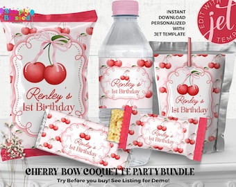 Cherry Bow Coquette Birthday Party Bundle Printable Editable Instant Download Chip Bag Water Bottle Chocolate Bar Wrappers and Labels