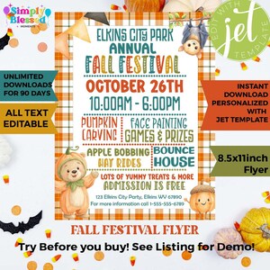 Puede incluir: Un folleto del festival de otoño con un fondo a cuadros naranja y blanco. El folleto incluye el texto "Elkins City Park Annual Fall Festival" y detalles del evento para el 26 de octubre, incluyendo actividades como tallado de calabazas. El folleto es de 21,6 x 27,9 cm.