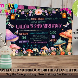 Enchanted Mushroom Theme Birthday Party Invitation Instant Download Editable Printable